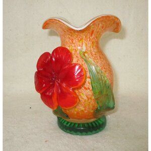 Vase Vintage Art Blown Glass Raised floral design Hand blown orange‎ red green